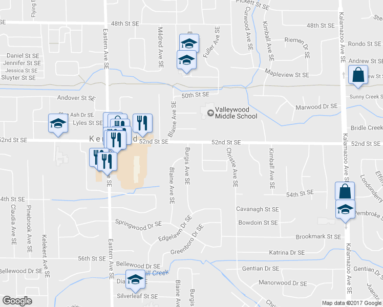 map of restaurants, bars, coffee shops, grocery stores, and more near 5238 Burgis Avenue Southeast in Kentwood