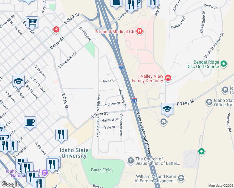 map of restaurants, bars, coffee shops, grocery stores, and more near 64 Colgate Street in Pocatello