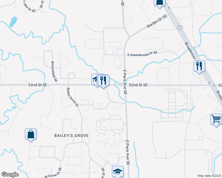 map of restaurants, bars, coffee shops, grocery stores, and more near 3900 52nd Street Southeast in Kentwood