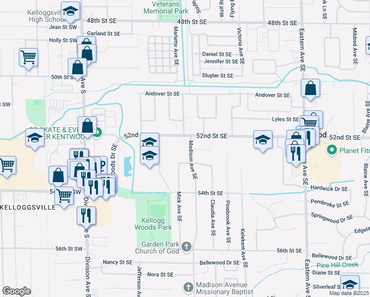 map of restaurants, bars, coffee shops, grocery stores, and more near 5237 Madison Avenue Southeast in Kentwood