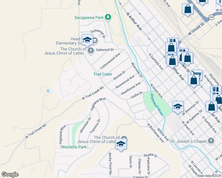 map of restaurants, bars, coffee shops, grocery stores, and more near 240 Rosewood Avenue in Pocatello