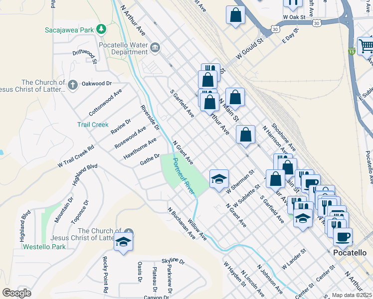 map of restaurants, bars, coffee shops, grocery stores, and more near 650 West Greeley Street in Pocatello