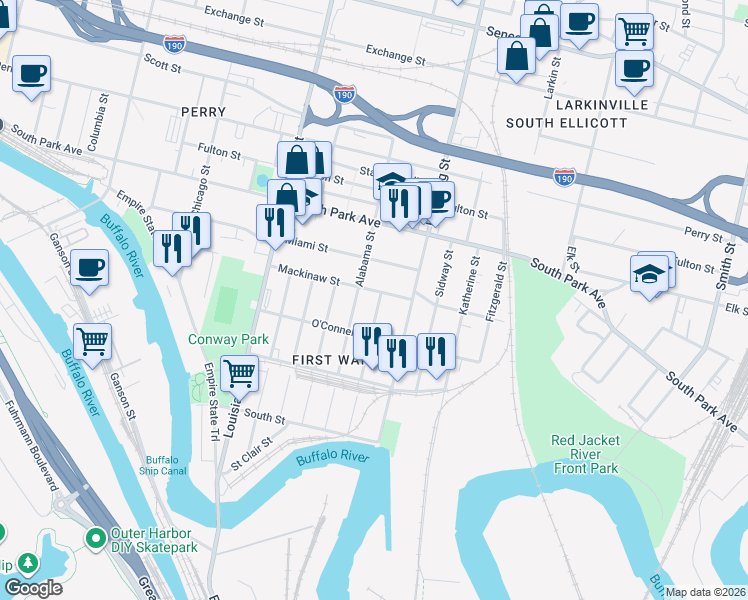 map of restaurants, bars, coffee shops, grocery stores, and more near 148 Vandalia Street in Buffalo