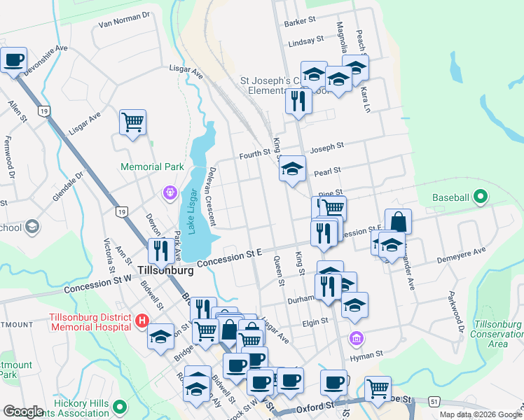 map of restaurants, bars, coffee shops, grocery stores, and more near 108 Queen Street in Tillsonburg