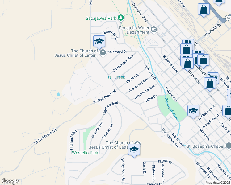 map of restaurants, bars, coffee shops, grocery stores, and more near 283 West Trail Creek Road in Pocatello