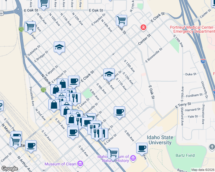 map of restaurants, bars, coffee shops, grocery stores, and more near 245 South 10th Avenue in Pocatello