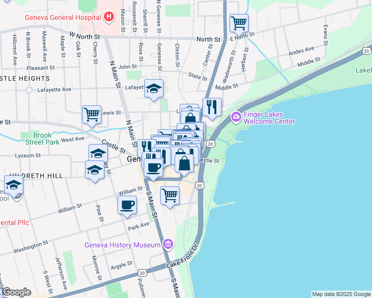 map of restaurants, bars, coffee shops, grocery stores, and more near 426 Exchange Street in Geneva