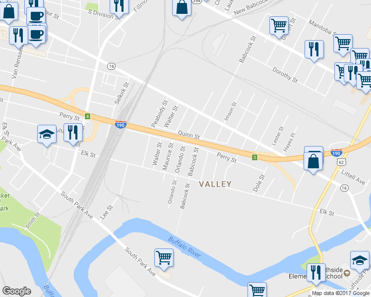 map of restaurants, bars, coffee shops, grocery stores, and more near 143 Orlando Street in Buffalo