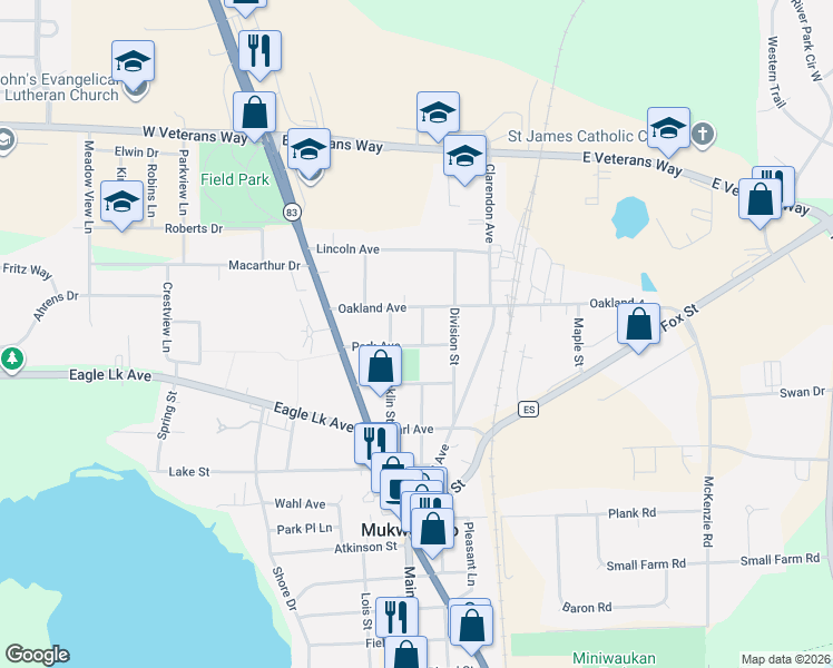 map of restaurants, bars, coffee shops, grocery stores, and more near 214 Park Avenue in Mukwonago