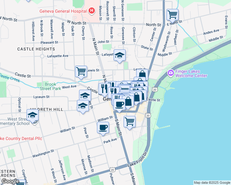 map of restaurants, bars, coffee shops, grocery stores, and more near 82 Elm Street in Geneva