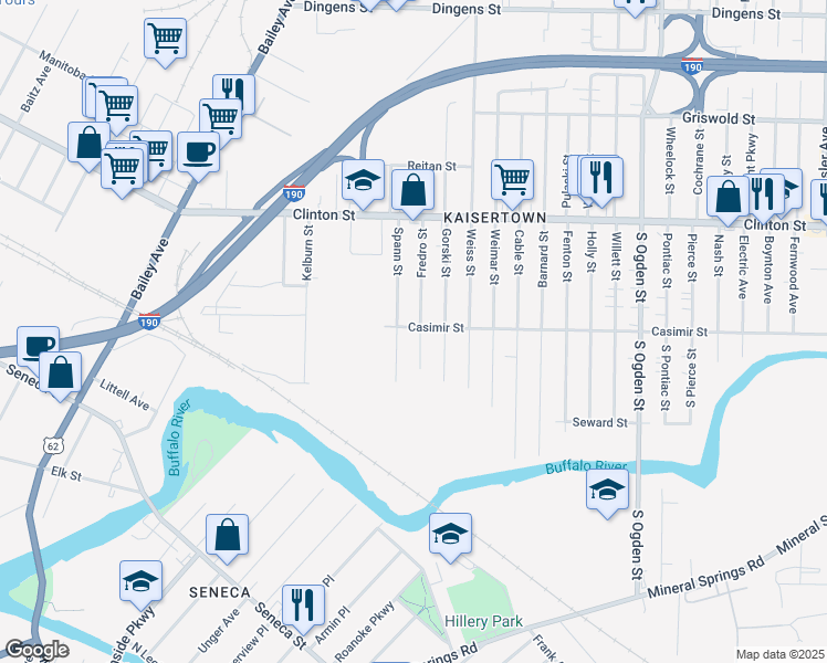 map of restaurants, bars, coffee shops, grocery stores, and more near 15 Casimer Street in Buffalo