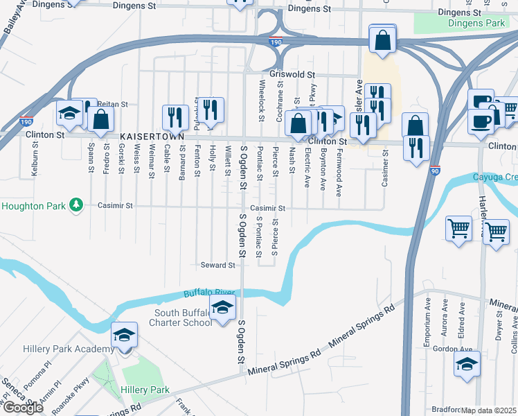 map of restaurants, bars, coffee shops, grocery stores, and more near 2 Pontiac Street in Buffalo