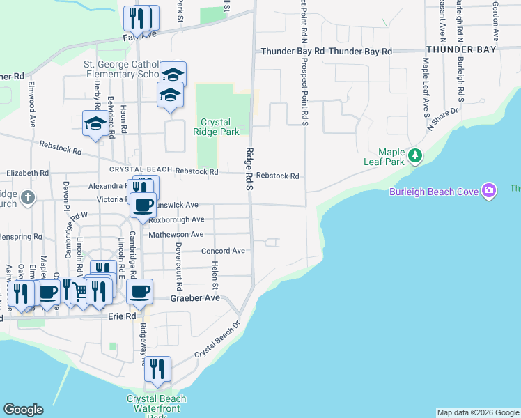 map of restaurants, bars, coffee shops, grocery stores, and more near 3671 Brunswick Avenue in Fort Erie