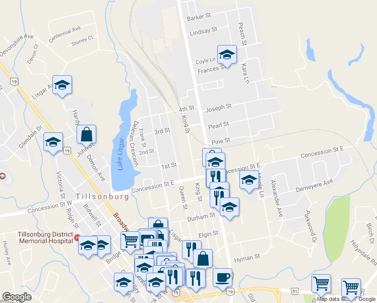 map of restaurants, bars, coffee shops, grocery stores, and more near 87 King Street in Tillsonburg