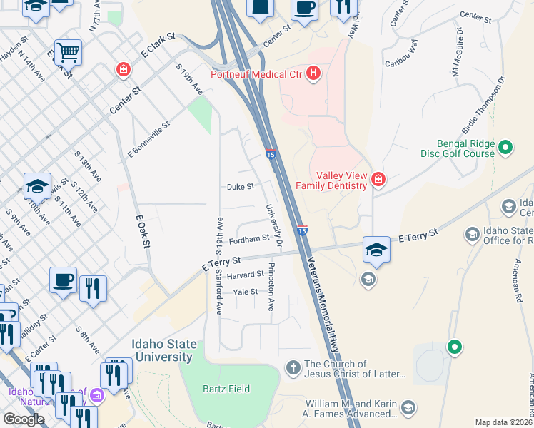 map of restaurants, bars, coffee shops, grocery stores, and more near 64 Colgate Street in Pocatello