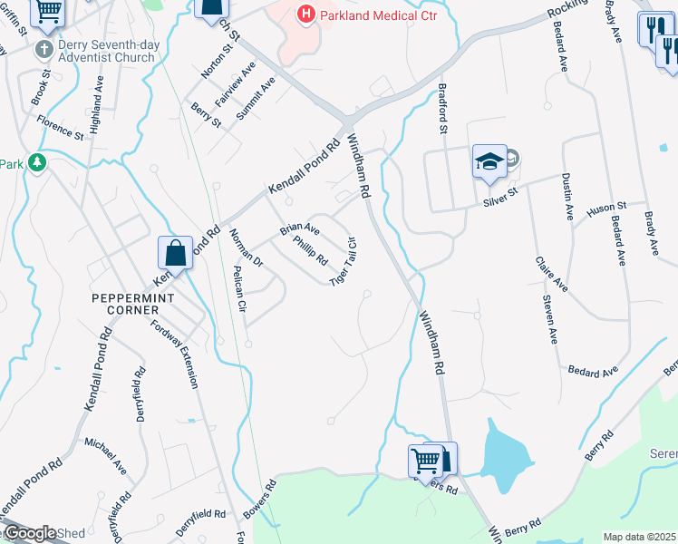 map of restaurants, bars, coffee shops, grocery stores, and more near 27 Tiger Tail Circle in Derry