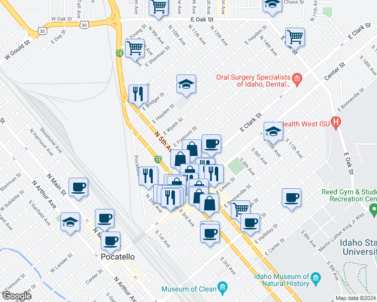 map of restaurants, bars, coffee shops, grocery stores, and more near 309 North 6th Avenue in Pocatello