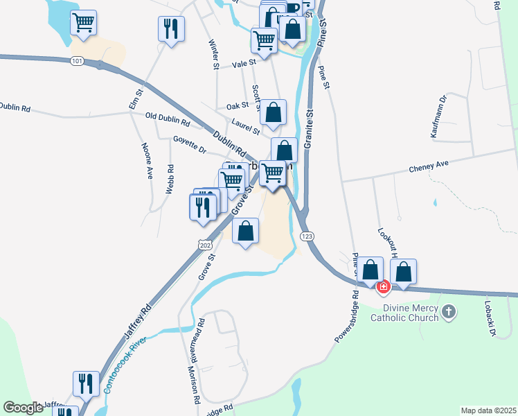 map of restaurants, bars, coffee shops, grocery stores, and more near 25 Bridge Street in Peterborough