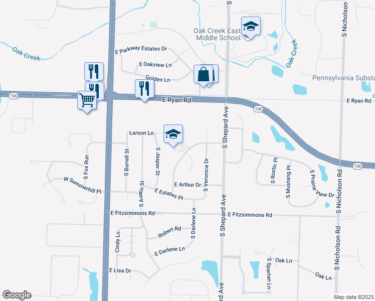 map of restaurants, bars, coffee shops, grocery stores, and more near 9701 South Shepard Hills Drive in Oak Creek