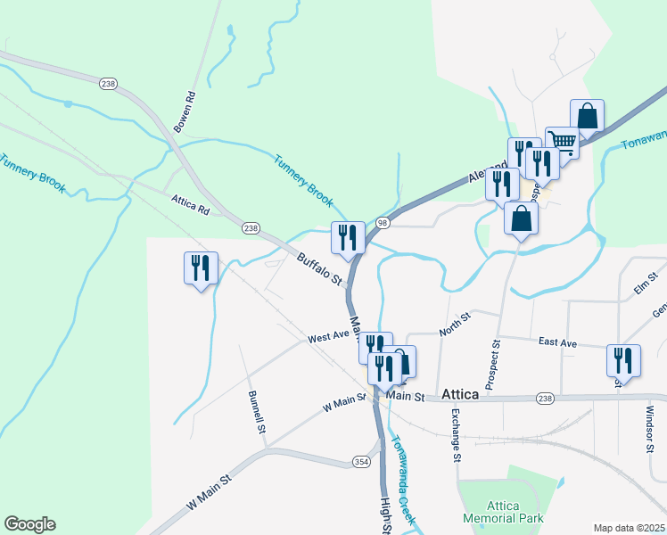 map of restaurants, bars, coffee shops, grocery stores, and more near 18 Buffalo Street in Attica