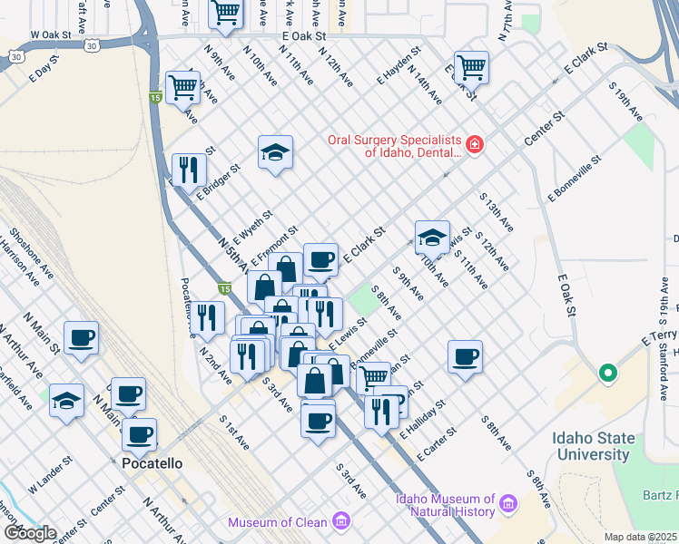 map of restaurants, bars, coffee shops, grocery stores, and more near 815 East Clark Street in Pocatello