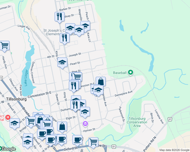 map of restaurants, bars, coffee shops, grocery stores, and more near 136 Maple Lane in Tillsonburg
