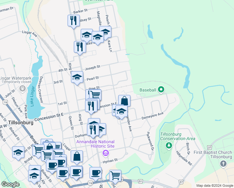 map of restaurants, bars, coffee shops, grocery stores, and more near 138 Maple Lane in Tillsonburg