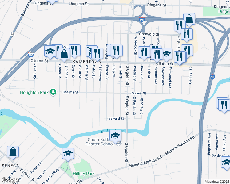 map of restaurants, bars, coffee shops, grocery stores, and more near 229 Holly Street in Buffalo
