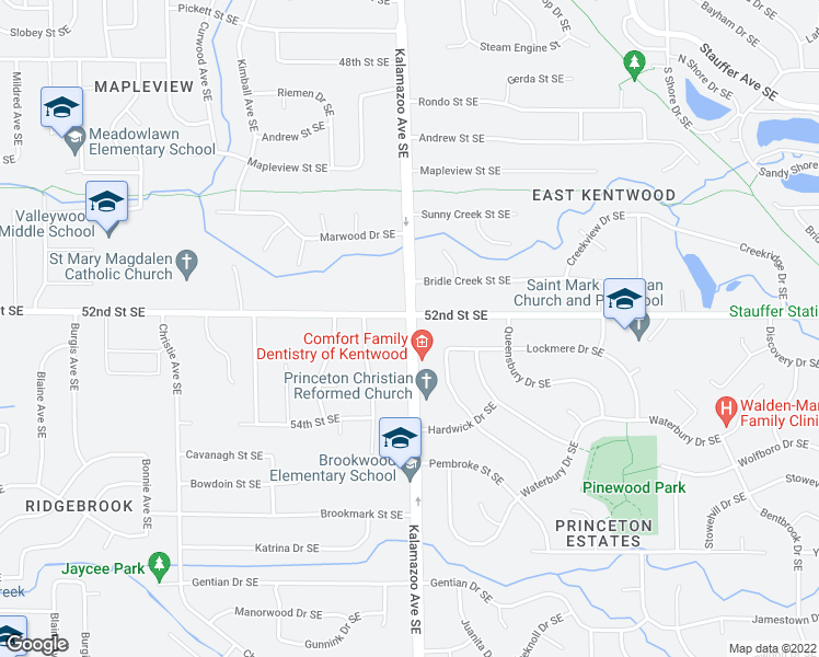 map of restaurants, bars, coffee shops, grocery stores, and more near Kalamazoo Avenue Southeast in Kentwood