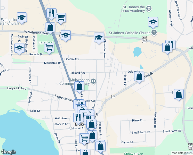 map of restaurants, bars, coffee shops, grocery stores, and more near Division Street in Mukwonago