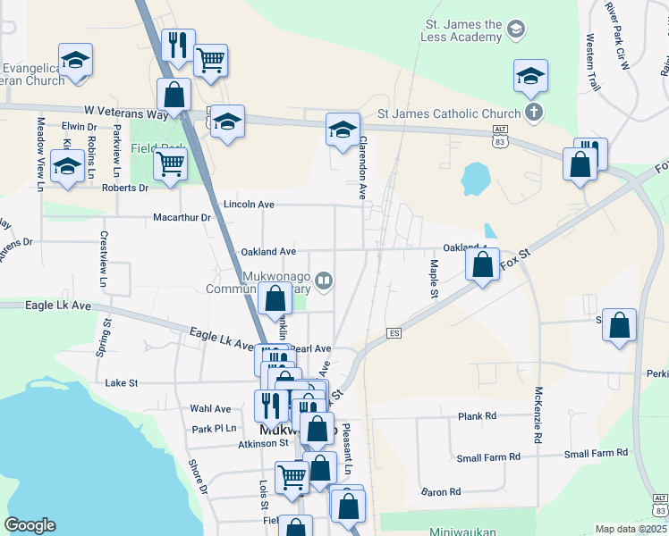 map of restaurants, bars, coffee shops, grocery stores, and more near Division Street in Mukwonago