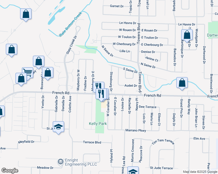 map of restaurants, bars, coffee shops, grocery stores, and more near 13 Strasbourg Drive in Buffalo