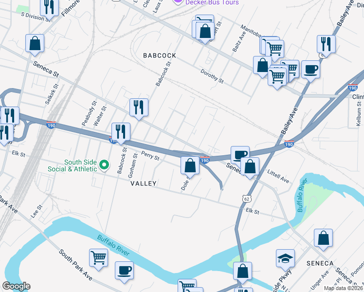 map of restaurants, bars, coffee shops, grocery stores, and more near 34 Harrison Street in Buffalo