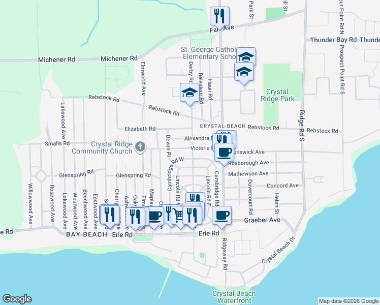 map of restaurants, bars, coffee shops, grocery stores, and more near 446 Cambridge Road West in Fort Erie