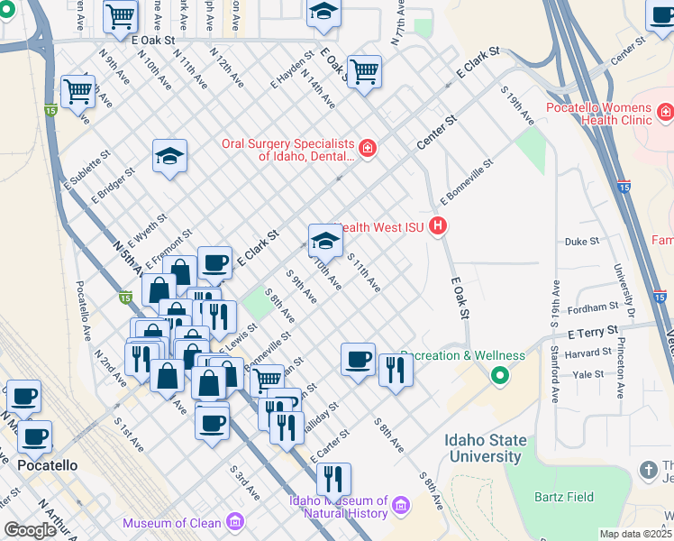 map of restaurants, bars, coffee shops, grocery stores, and more near 226 South 10th Avenue in Pocatello