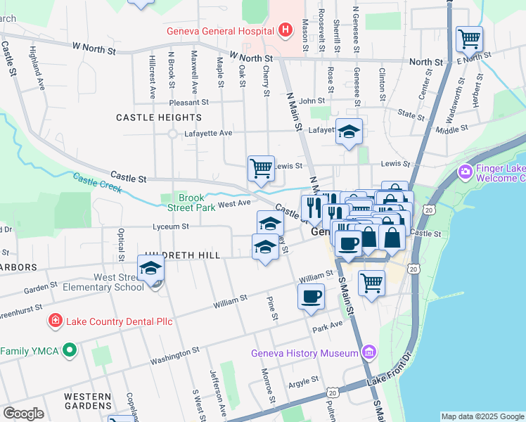 map of restaurants, bars, coffee shops, grocery stores, and more near 20 Pulteney Street in Geneva
