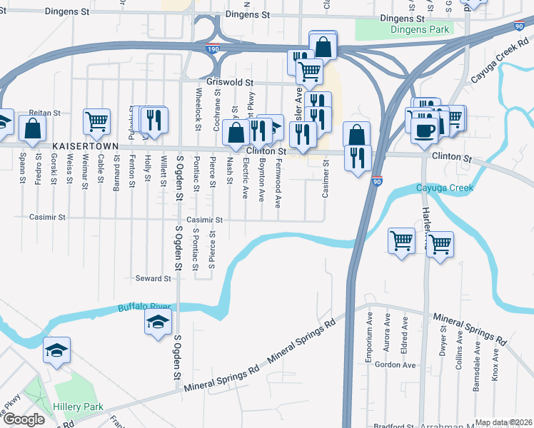 map of restaurants, bars, coffee shops, grocery stores, and more near 327 Casimer Street in Buffalo