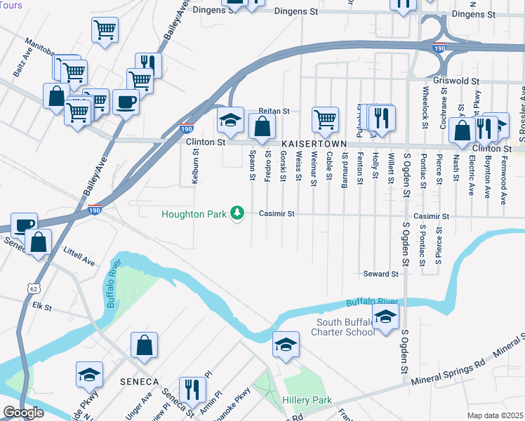 map of restaurants, bars, coffee shops, grocery stores, and more near 25 Spann Street in Buffalo
