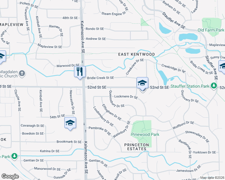 map of restaurants, bars, coffee shops, grocery stores, and more near 1741 Lockmere Drive Southeast in Kentwood
