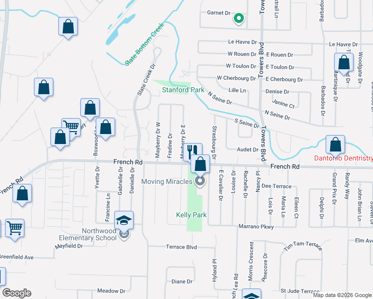 map of restaurants, bars, coffee shops, grocery stores, and more near 5 Mayberry Drive East in Buffalo