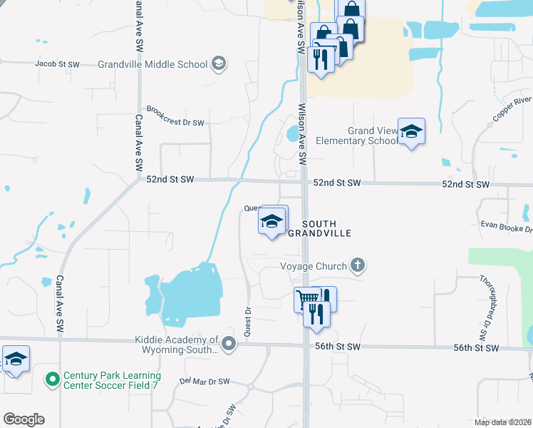 map of restaurants, bars, coffee shops, grocery stores, and more near 5218 Quest Drive in Wyoming
