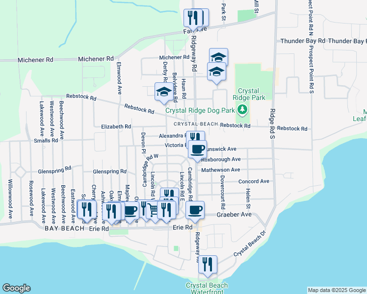 map of restaurants, bars, coffee shops, grocery stores, and more near 3899 Victoria Road in Fort Erie