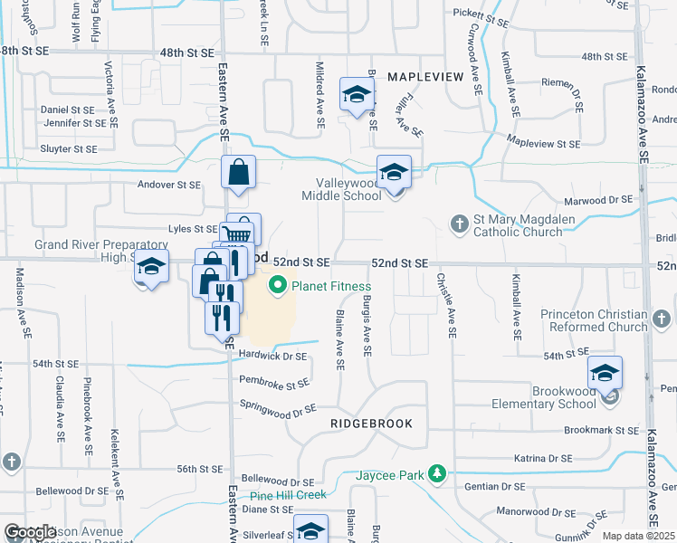 map of restaurants, bars, coffee shops, grocery stores, and more near 1010 52nd Street Southeast in Kentwood