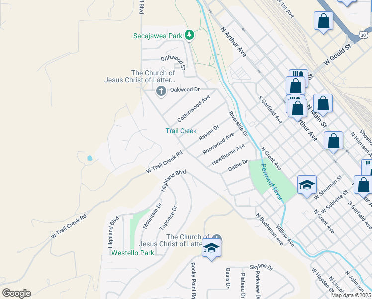 map of restaurants, bars, coffee shops, grocery stores, and more near 350 Foothill Boulevard in Pocatello