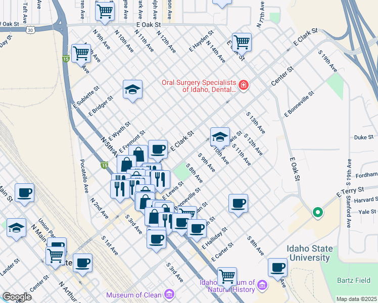 map of restaurants, bars, coffee shops, grocery stores, and more near 106 South 8th Avenue in Pocatello