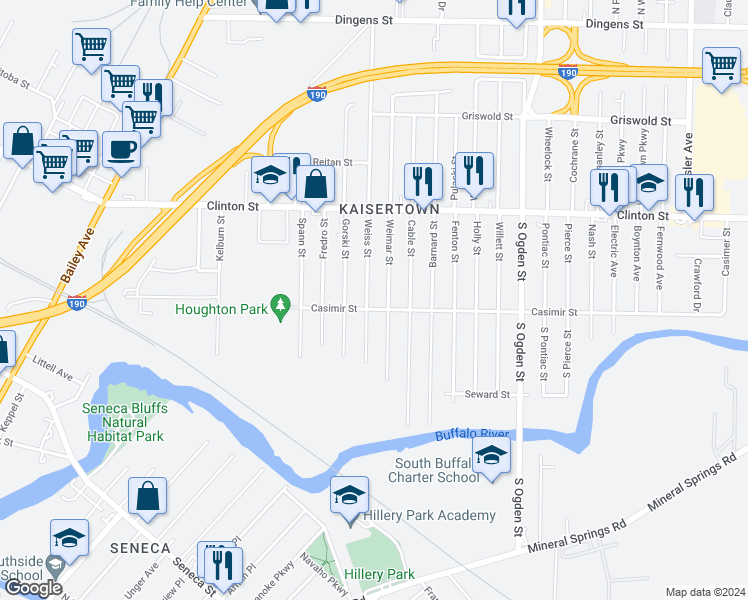map of restaurants, bars, coffee shops, grocery stores, and more near in Buffalo