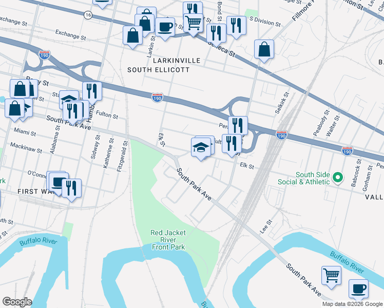 map of restaurants, bars, coffee shops, grocery stores, and more near 127 Elk Street in Buffalo