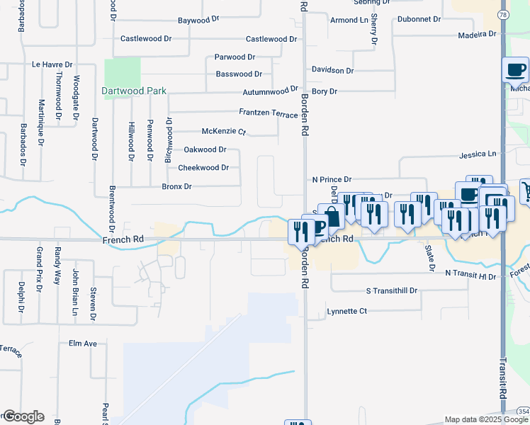 map of restaurants, bars, coffee shops, grocery stores, and more near 47 Gary Lane in Buffalo