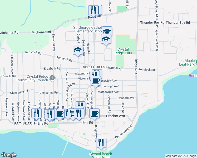 map of restaurants, bars, coffee shops, grocery stores, and more near 3852 Brunswick Avenue in Fort Erie