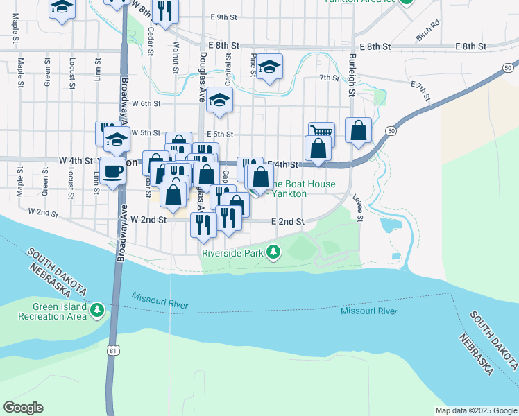 map of restaurants, bars, coffee shops, grocery stores, and more near 200 Pine Street in Yankton